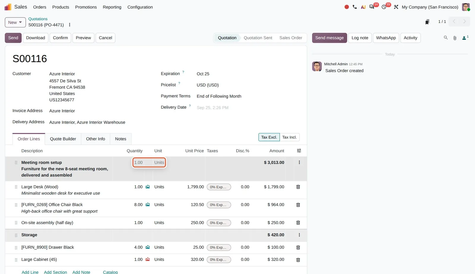 Odoo 20 Quotation sections: Hovering the section shows its own quantity and unit (1.00 Units).