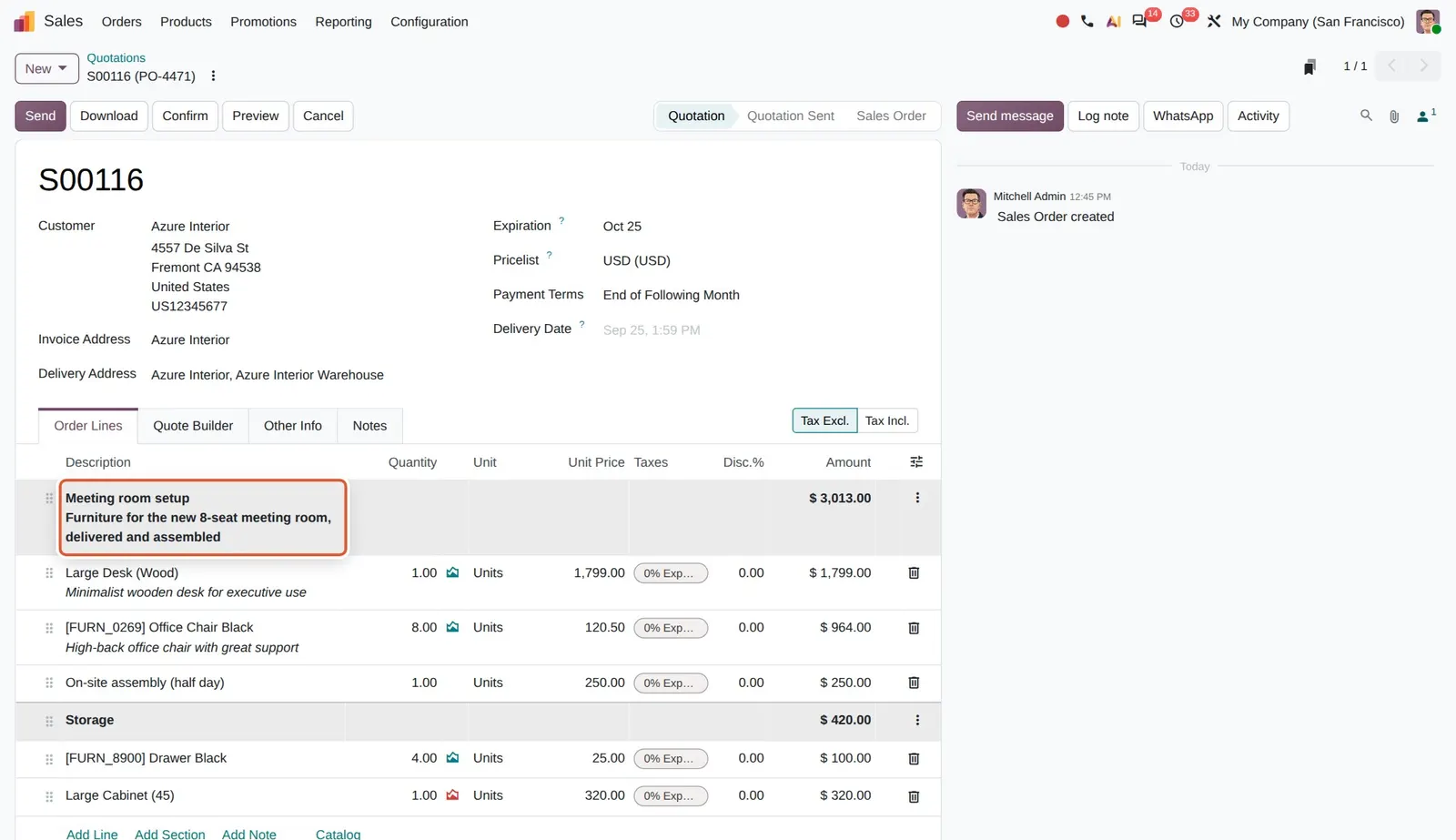 Odoo 20 Quotation sections: The section title runs over several lines with a description.