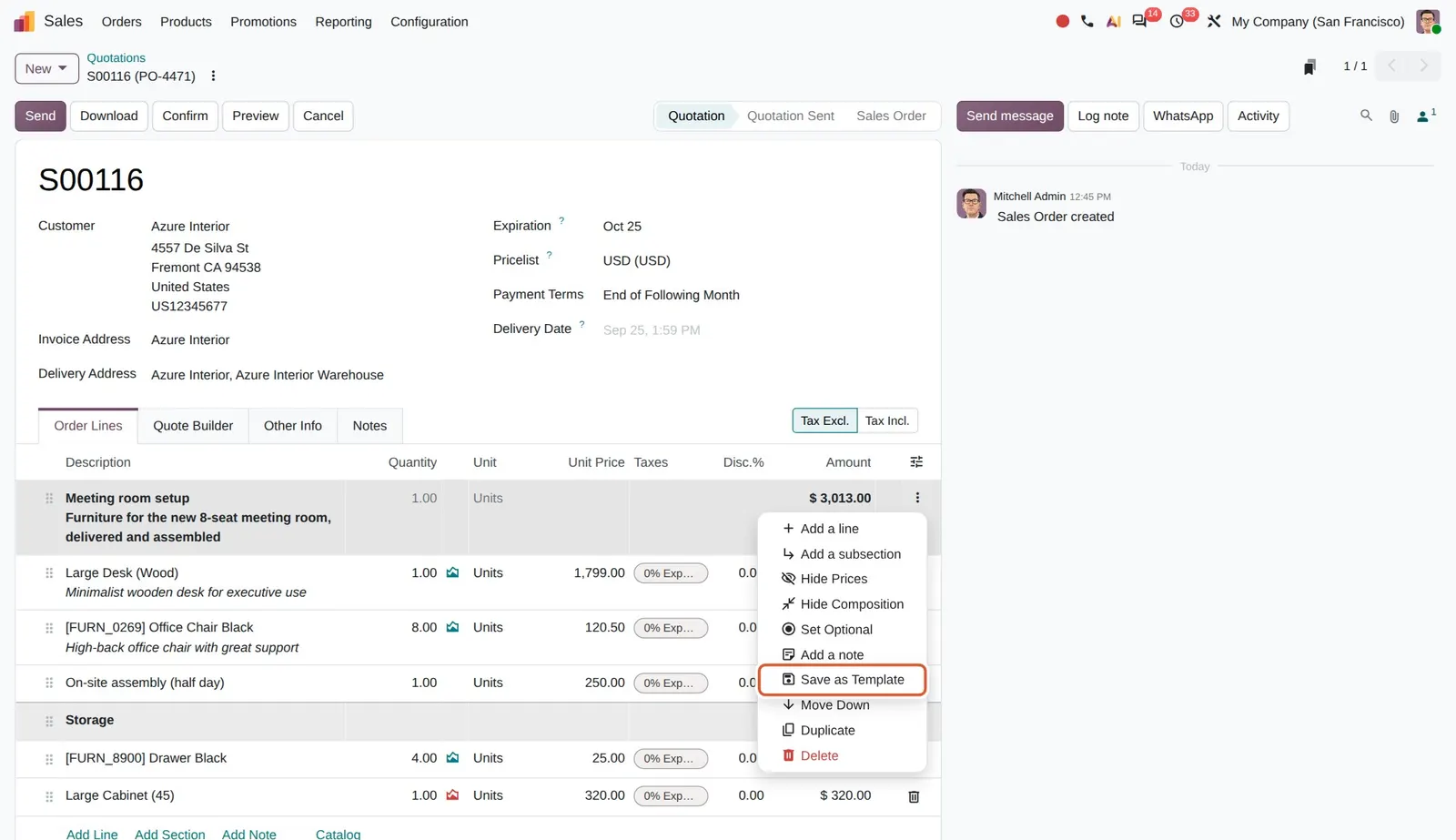 Odoo 20 Quotation sections: "Save as Template" in the section's menu stores the section and its lines for reuse.