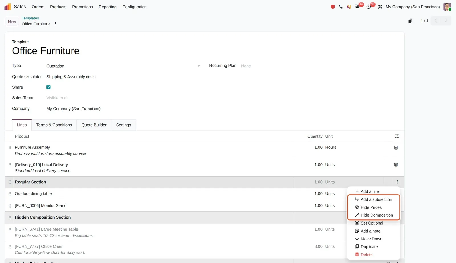 Odoo 20 Quotation templates: A section of a quotation template offers Add a subsection, Hide Prices and Hide Composition.