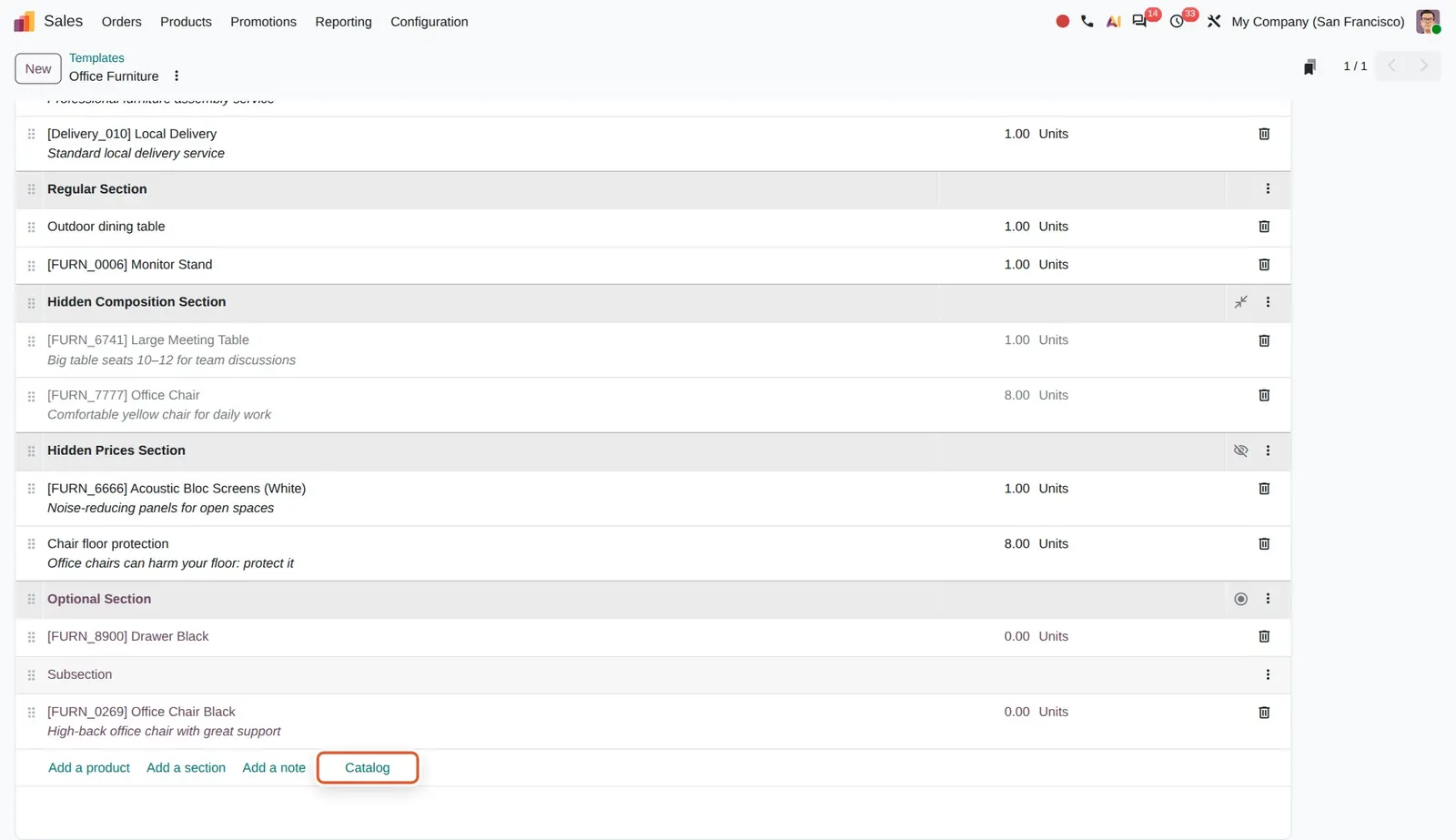 Odoo 20 Quotation templates: The Catalog button under the template lines opens the product catalog.