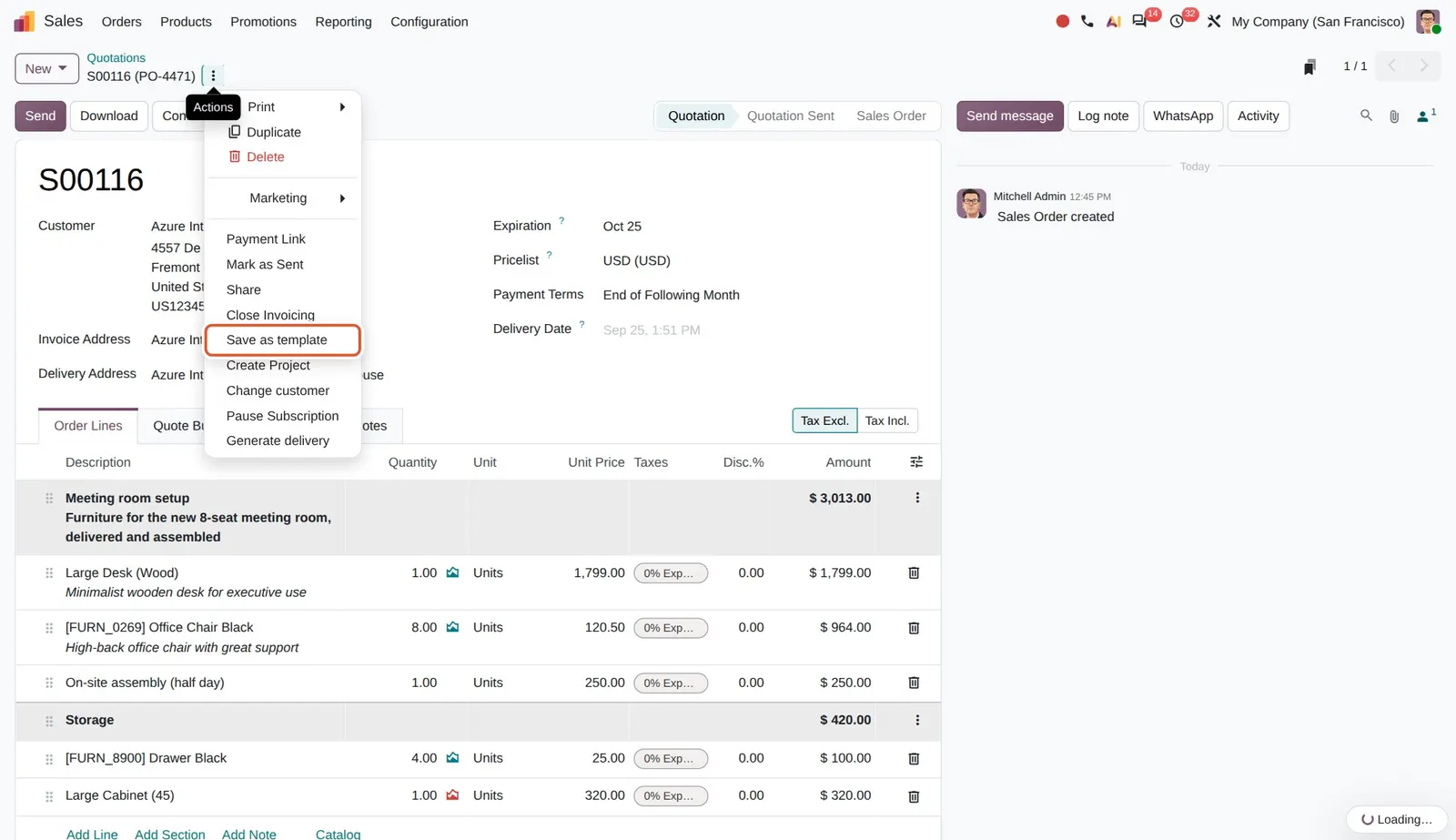 Odoo 20 Quotation templates: "Save as template" in the Actions menu of a quotation.