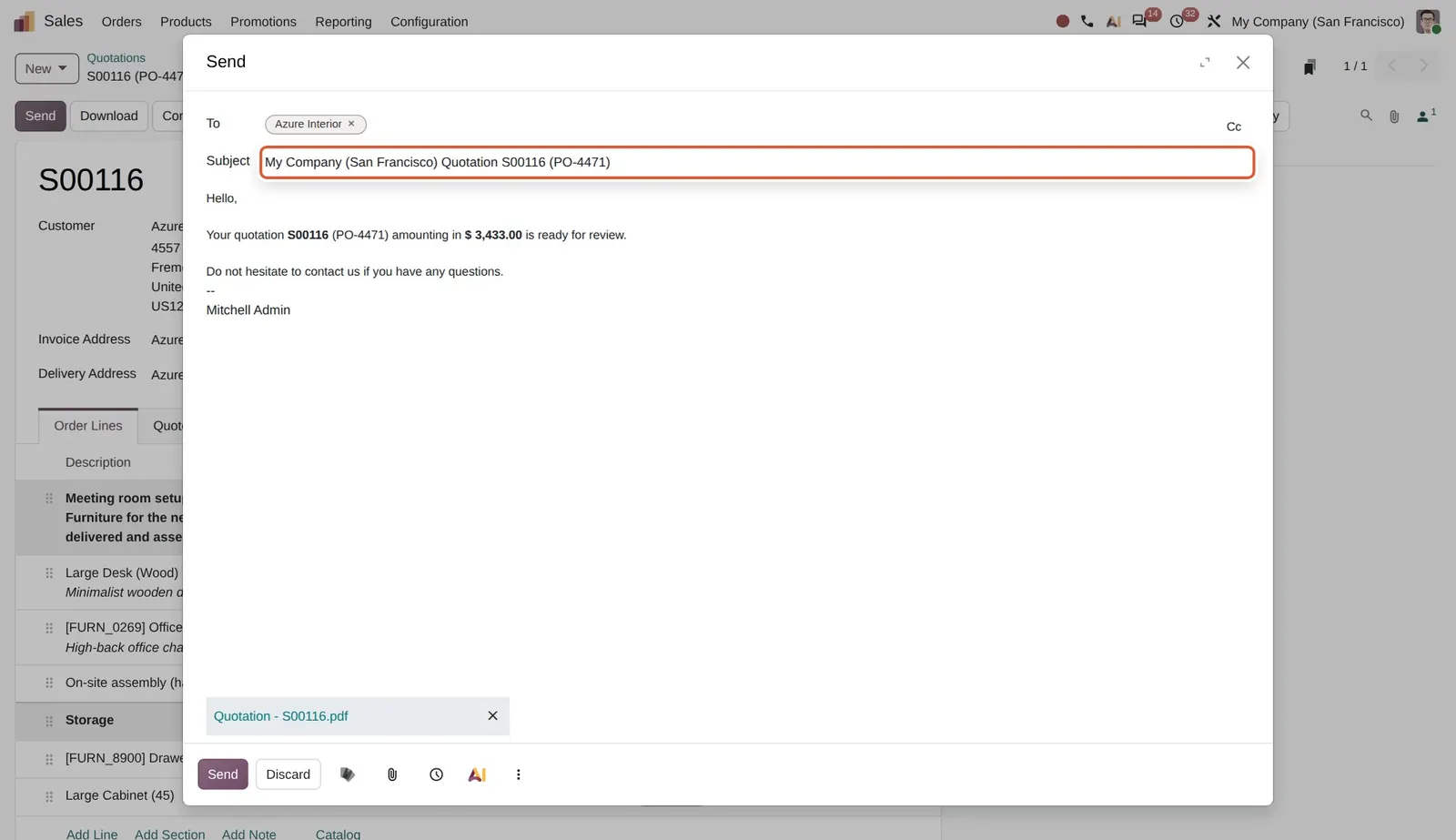 Odoo 20 Sales order email template: The subject reads "Quotation S00116 (PO-4471)": PO-4471 is the customer reference, also repeated in the body.