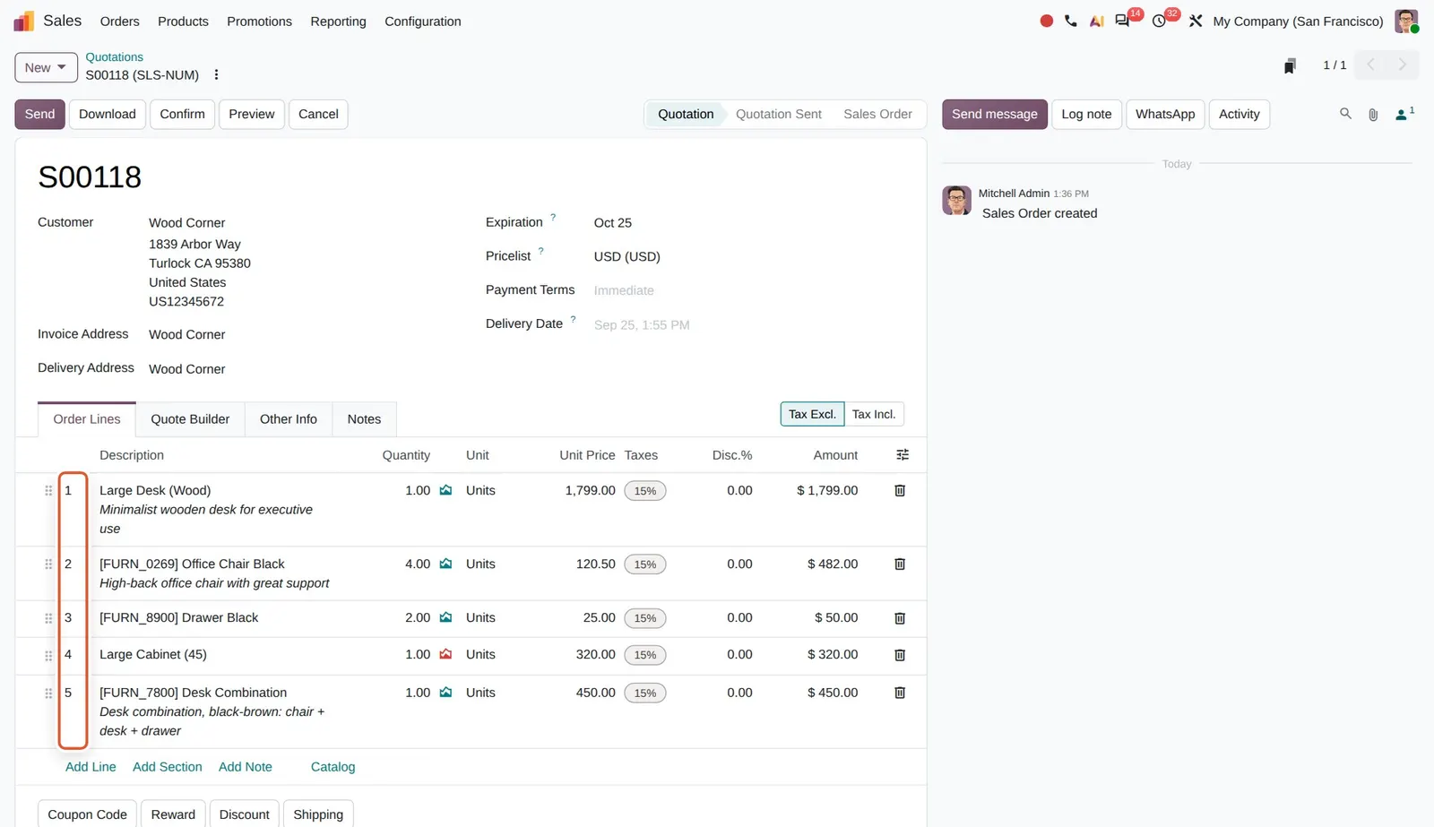 Odoo 20 Sales order line numbering: With the setting on, each order line gets a number in the first column.