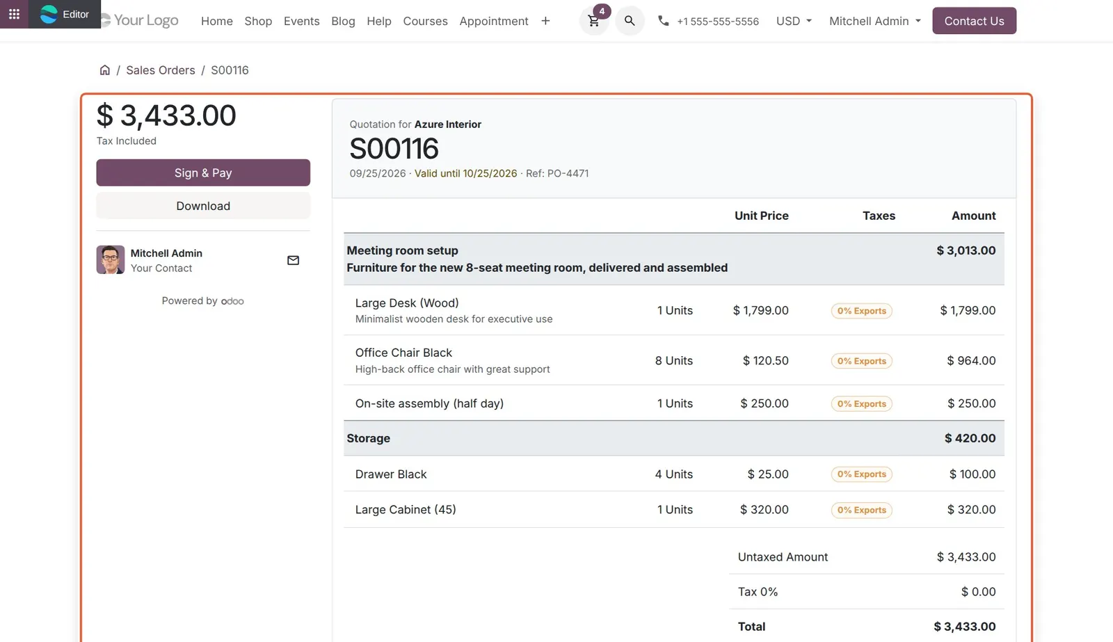 Odoo 20 Sales order portal page: The new left column: total, Sign & Pay and Download buttons, and the contact person.