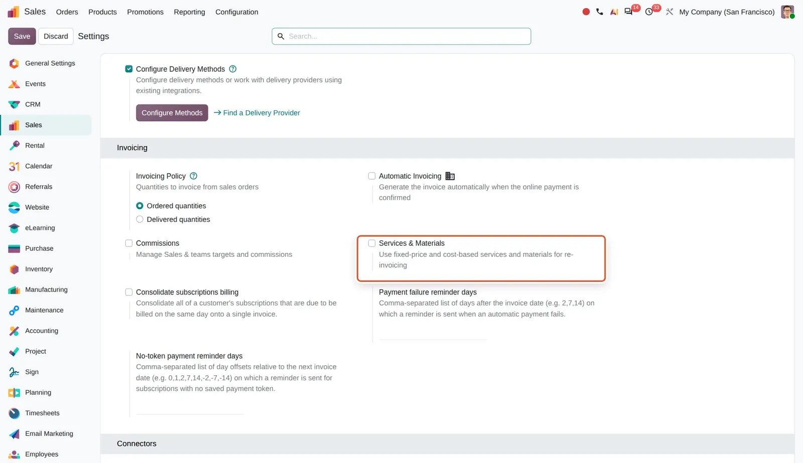 Odoo 20 Services & Material: The new Services & Materials setting in the Invoicing block.