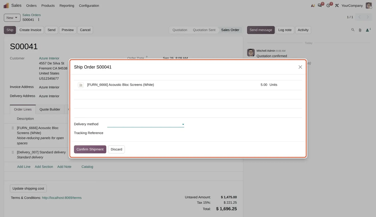 Odoo 20 Ship orders without Inventory: Clicking Ship opens a wizard to confirm the shipment, pick a delivery method and enter a tracking reference, with no Inventory app installed.