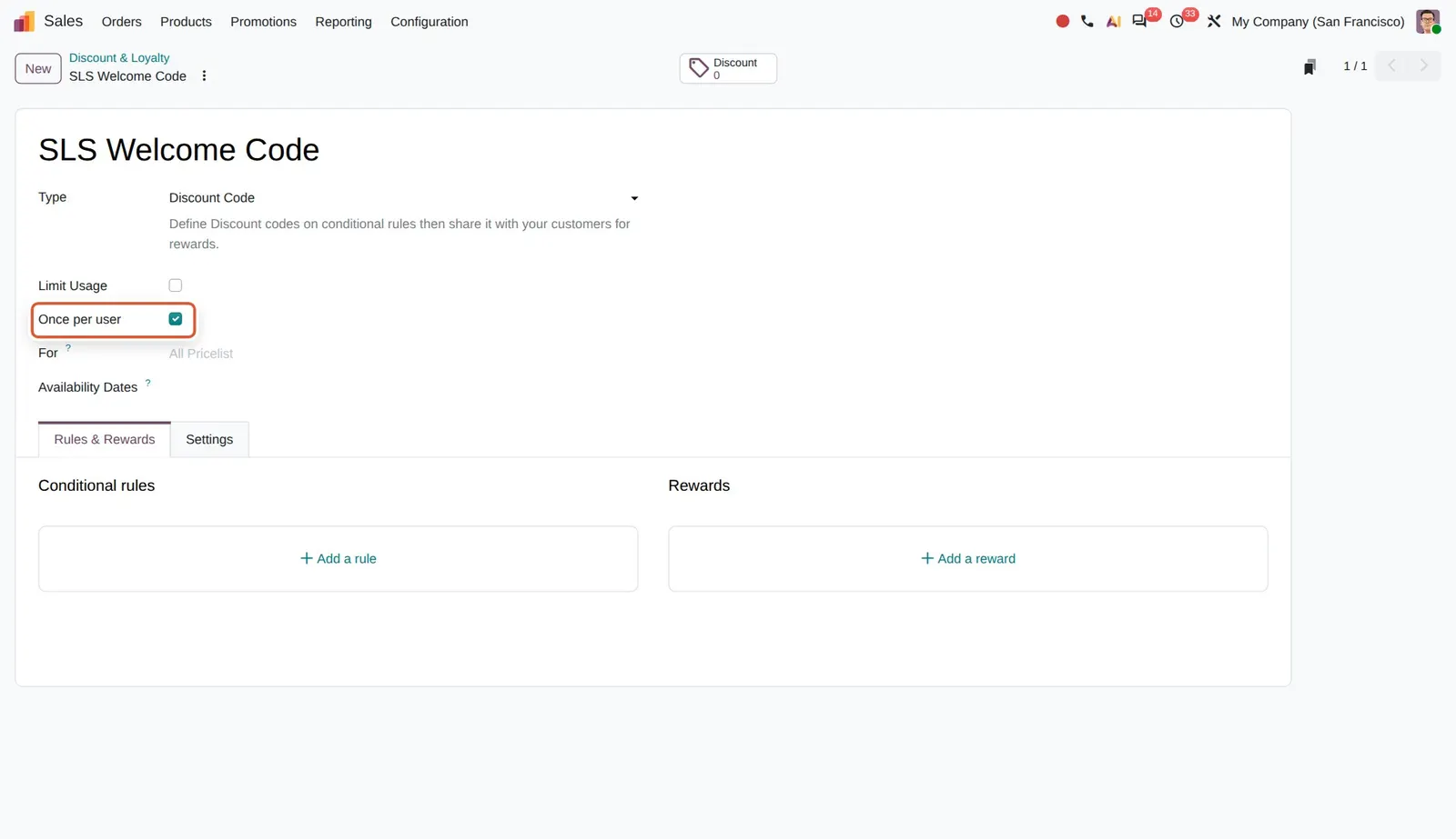 Odoo 20 Single-use discount codes: The new "Once per user" option on a discount code program.