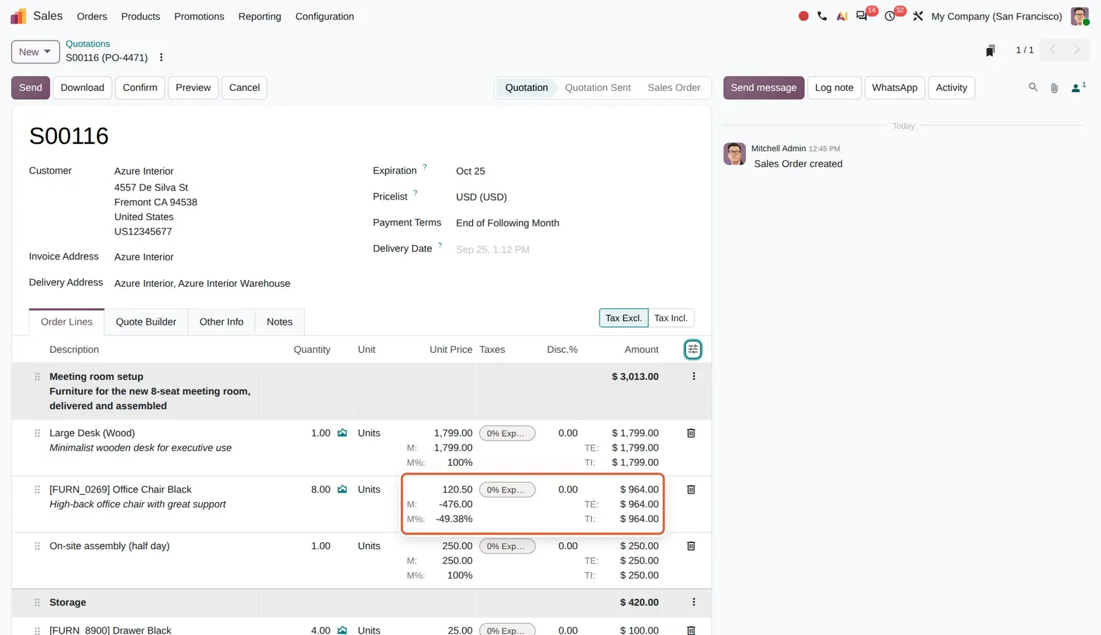Odoo 20 Stacked fields on sales order lines: Margin and Margin (%) are stacked under the unit price; Tax Excl. and Tax Incl. under the amount.