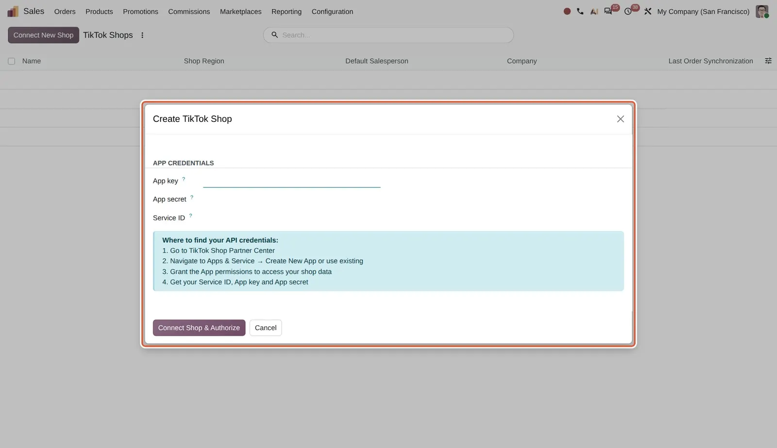 Odoo 20 TikTok: The Create TikTok Shop dialog, asking for the App key, App secret and Service ID, with instructions on where to find them.