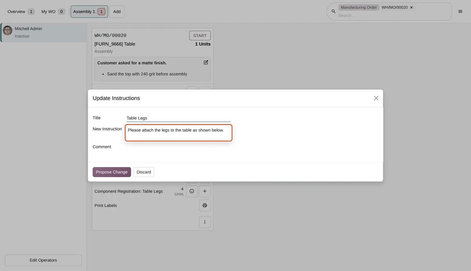 Odoo 20 Instruction updates: The Update Instructions form for the Table Legs step: New Instruction is pre-filled with the current text.