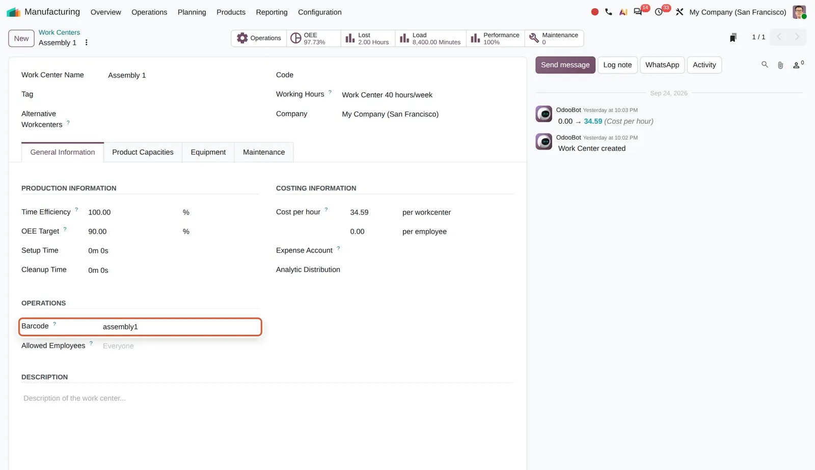 Odoo 20 Work center barcode: The new Barcode field on the work center form (assembly1); scanning it in Shop Floor selects this work center.