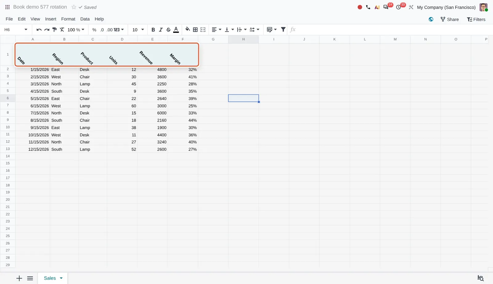 Odoo 20 Cell value orientation: The header row after applying 45° rotation from the new Rotation button of the toolbar.