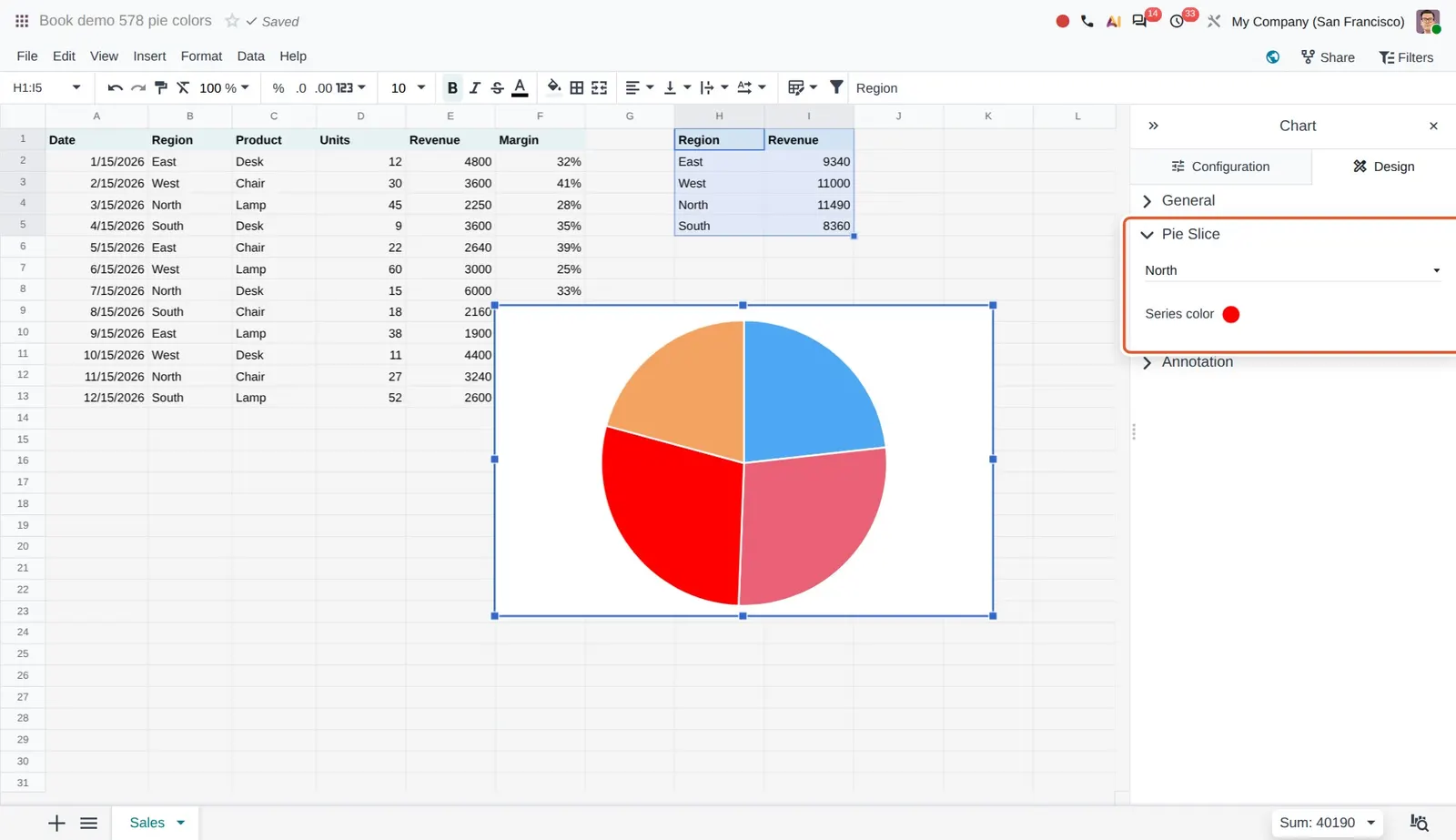 Odoo 20 Charts: The Pie Slice section: the North slice is selected and gets its own Series color.