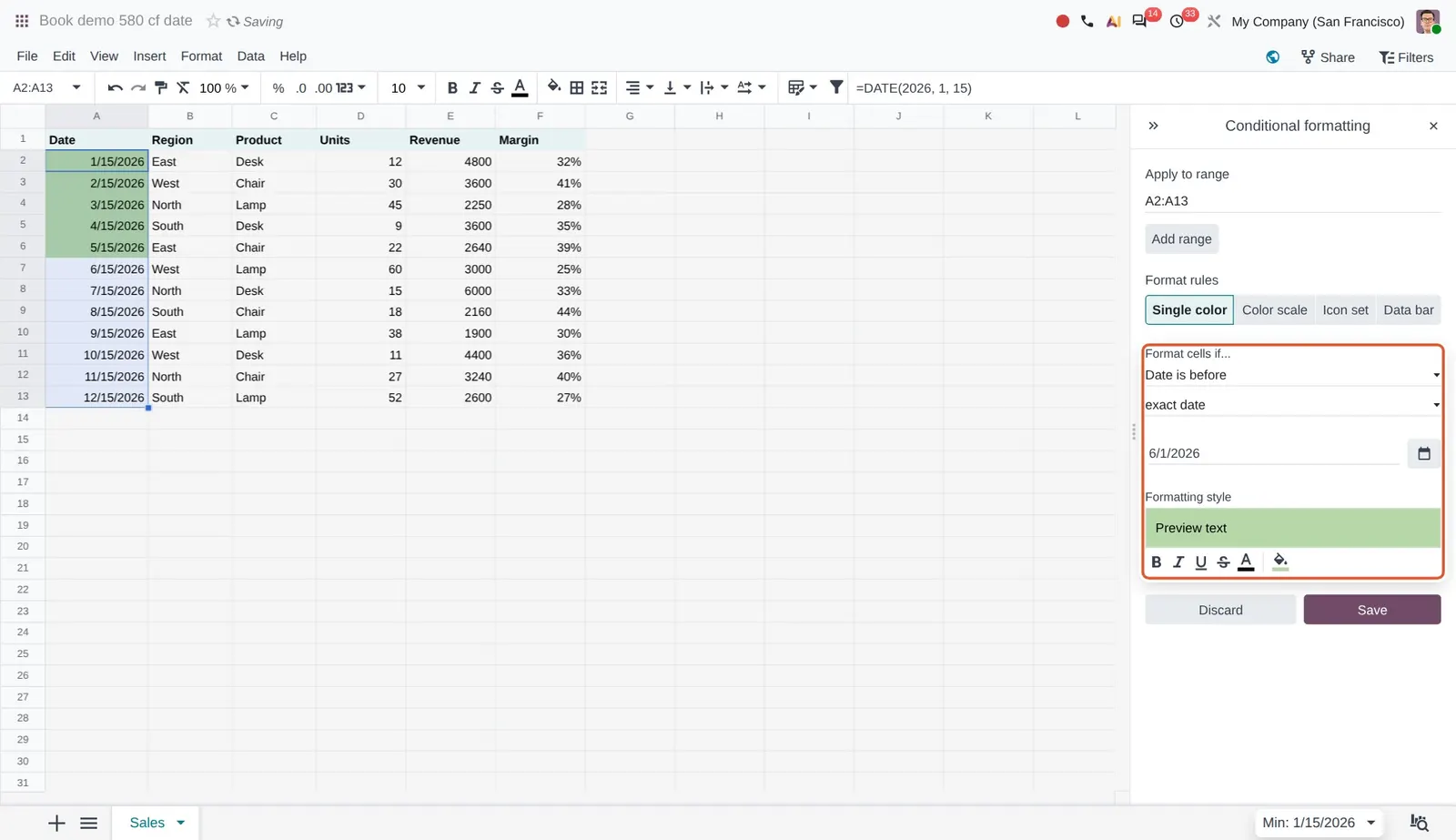 Odoo 20 Conditional formatting by date: A single colour rule using the new Date is before condition: dates before 6/1/2026 are highlighted.