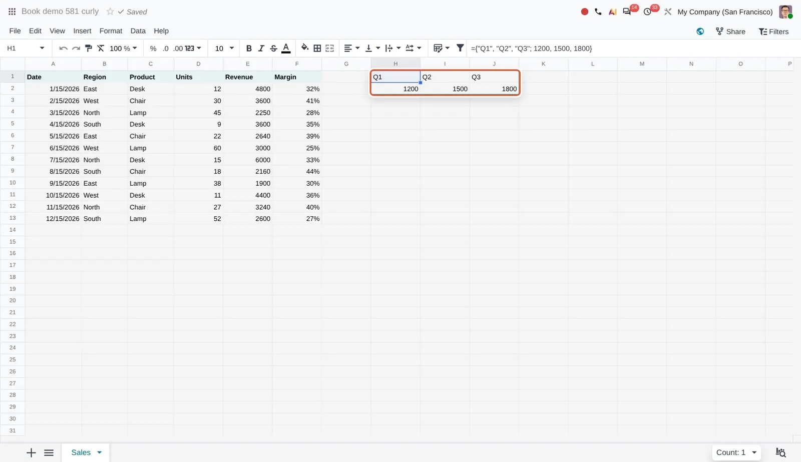 Odoo 20 Curly brackets: The array literal typed in H1 (visible in the formula bar) spills into H1:J2.