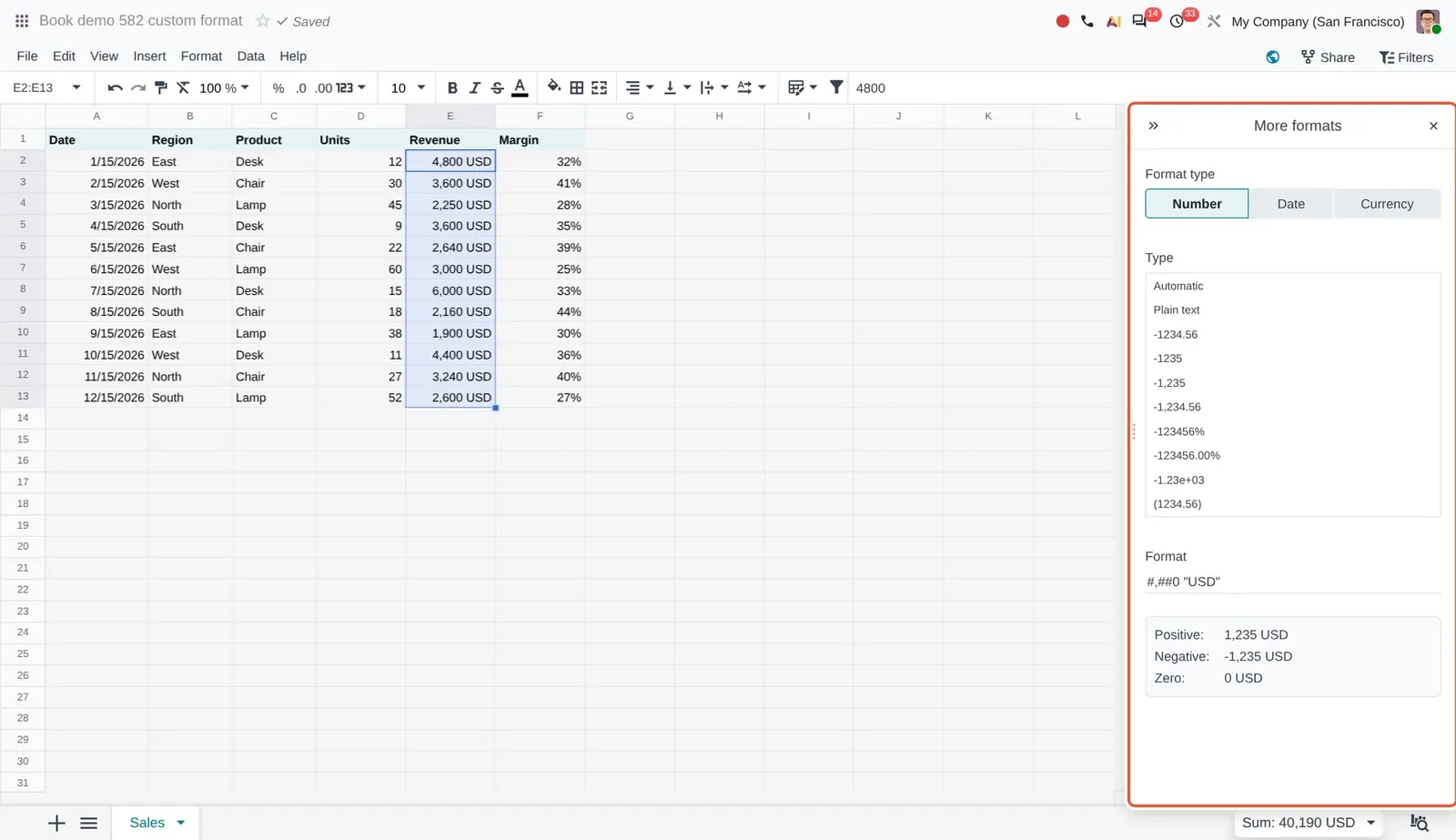Odoo 20 Custom format: The More formats panel: a custom number format code applied to the selected Revenue cells.