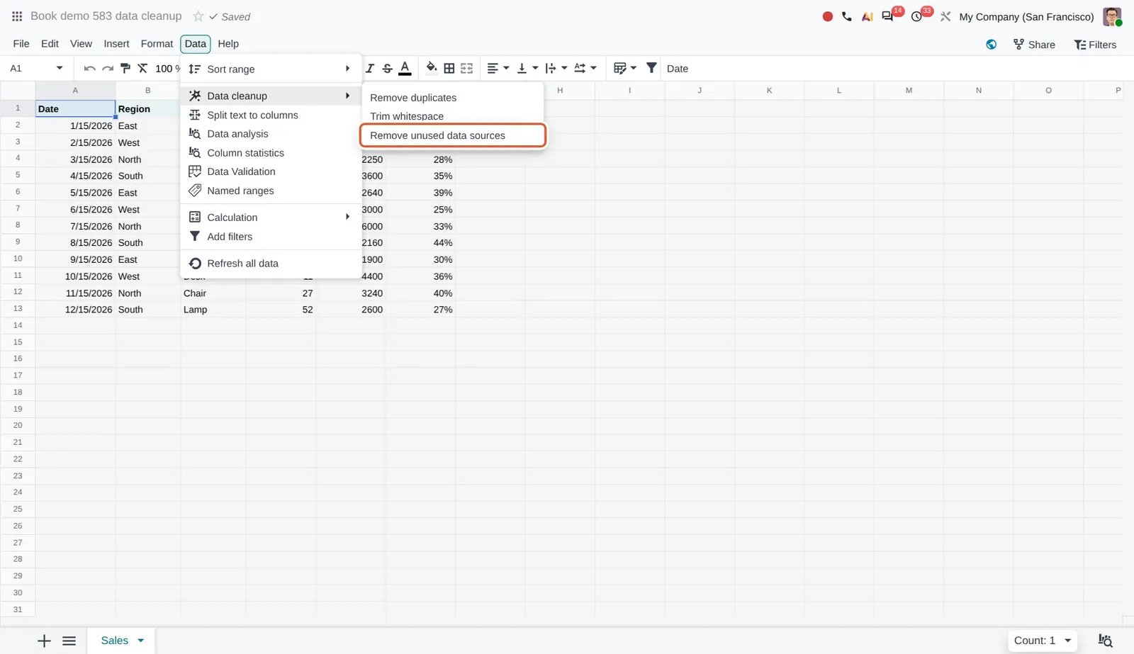 Odoo 20 Data cleanup: The Data cleanup submenu with the new Remove unused data sources entry.