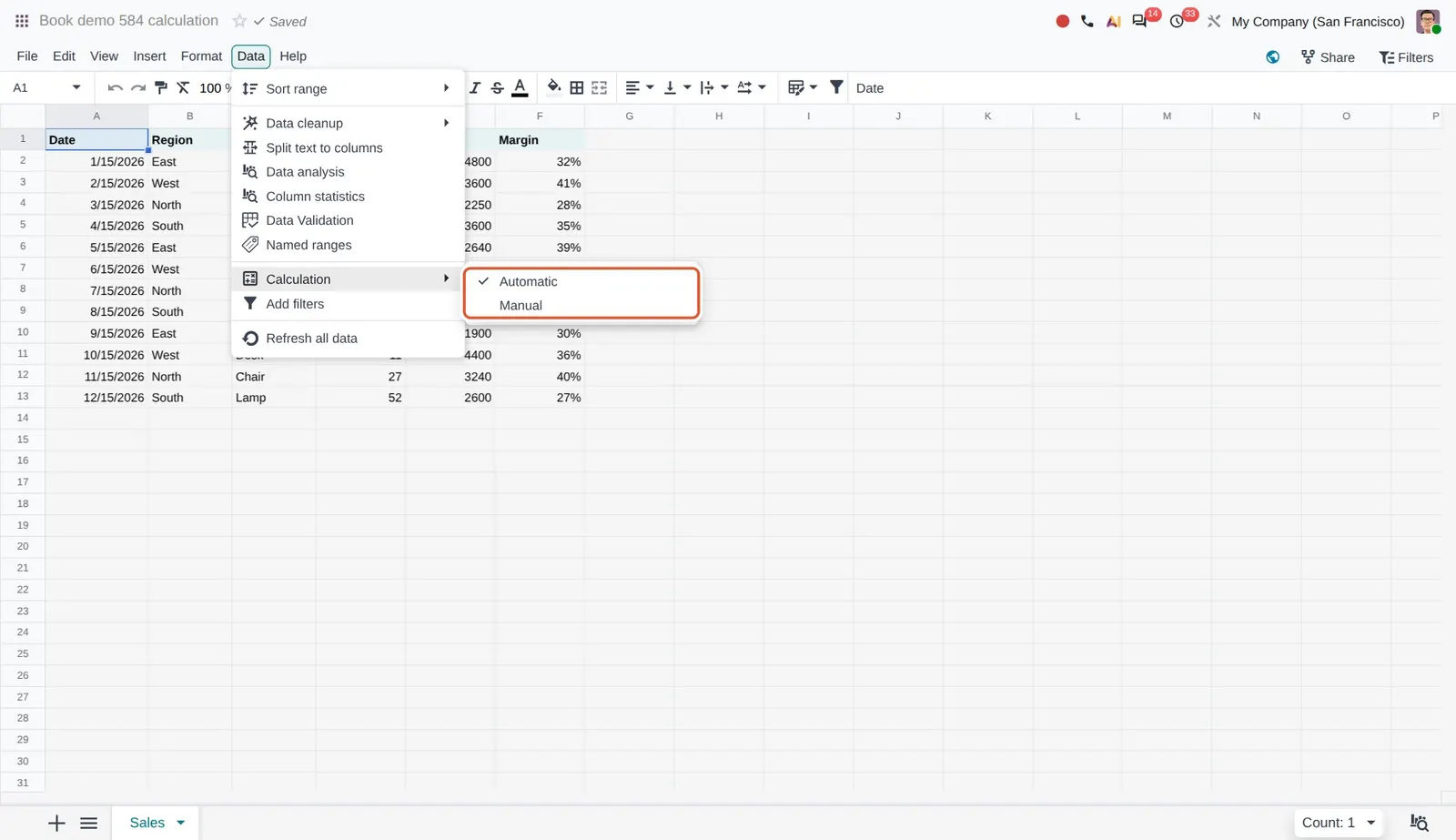 Odoo 20 Disable automatic recalculation: The new Calculation submenu with Automatic (current) and Manual modes.