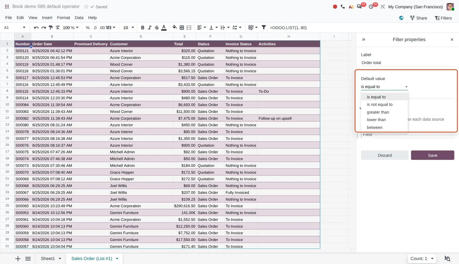 Odoo 20 Global filters: The Default value of a new filter with its operator dropdown open: is equal to, is not equal to, greater than, lower than, between.