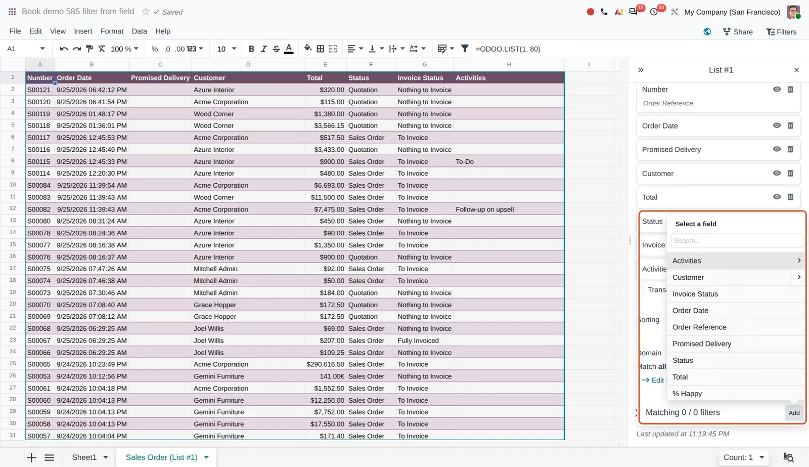 Odoo 20 Global filters: Picking Order Date directly from the Select a field list to build a global filter on it.