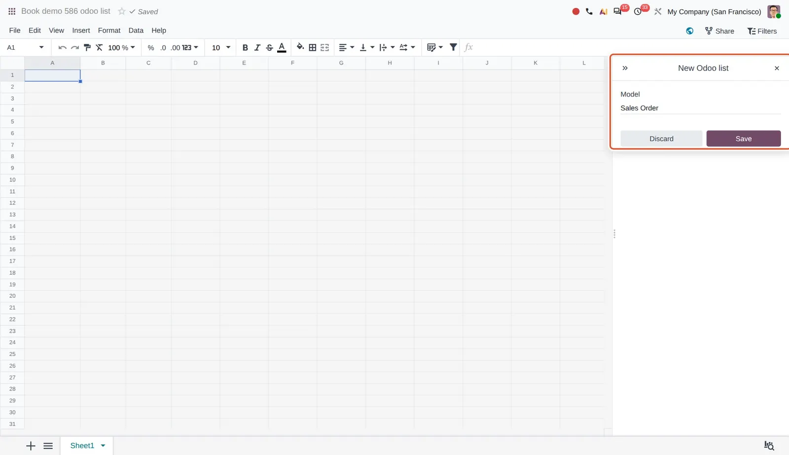 Odoo 20 List insertion: The New Odoo list panel: picking the Sales Order model to insert its list directly into the spreadsheet.