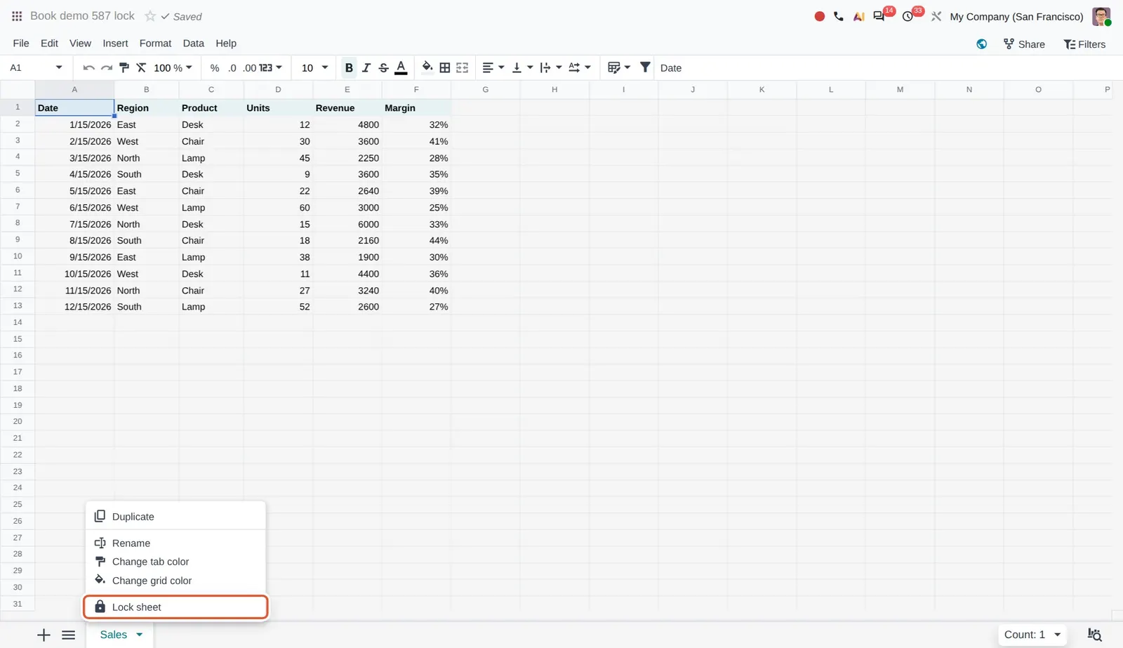 Odoo 20 Lock sheets: The sheet tab menu with the new Lock sheet entry.