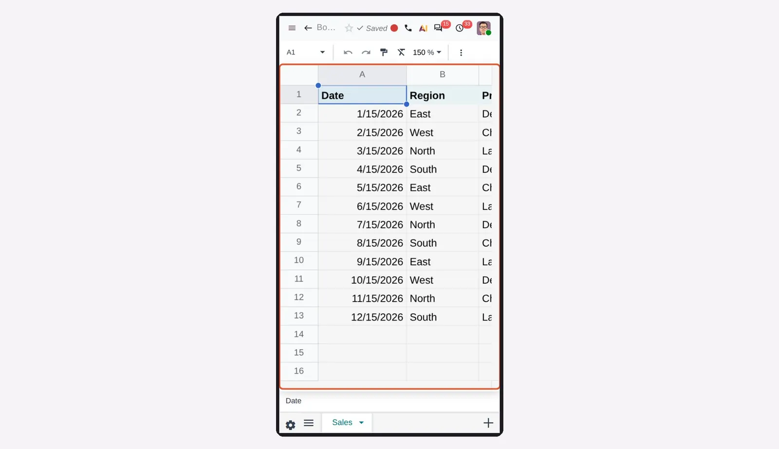 Odoo 20 Mobile: pinch to zoom: The spreadsheet grid on a phone after zooming to 150%. The two finger pinch itself cannot be shown in a still image; the zoom level in the toolbar is the result.
