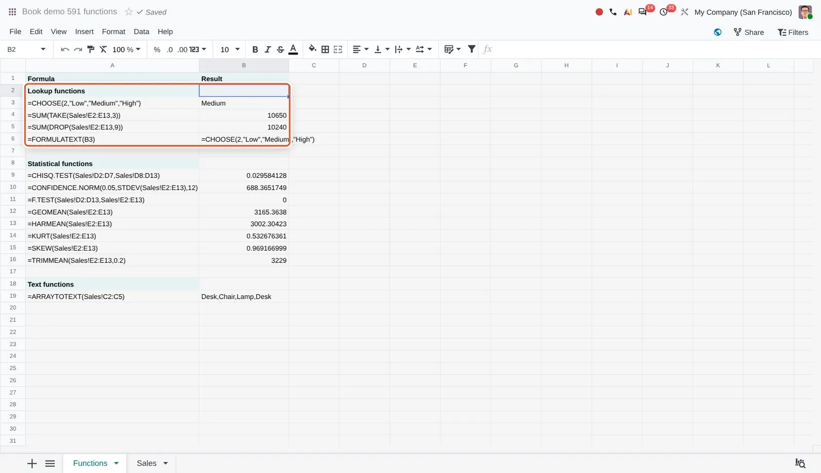 Odoo 20 New functions: CHOOSE, TAKE, DROP and FORMULATEXT in use; column A itself shows each formula with FORMULATEXT.