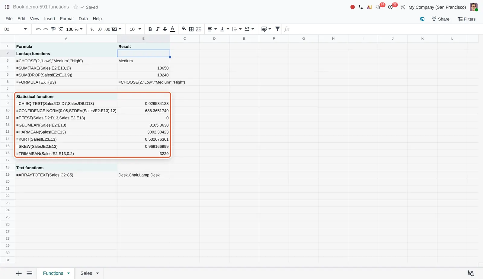 Odoo 20 New functions: Results of the new statistical functions on the demo sales data.