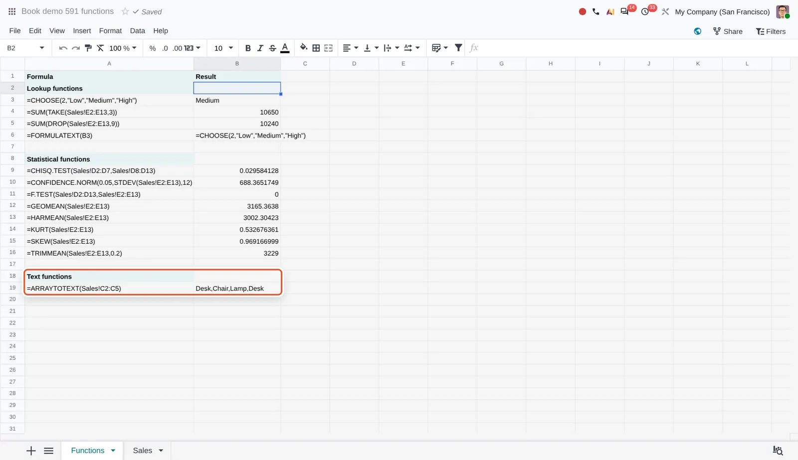 Odoo 20 New functions: ARRAYTOTEXT joins the product names of C2:C5 into one text.