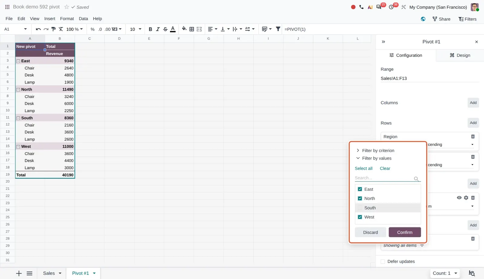 Odoo 20 Pivot tables: The Domain section of a range pivot: a filter on Region, with South picked from its values.