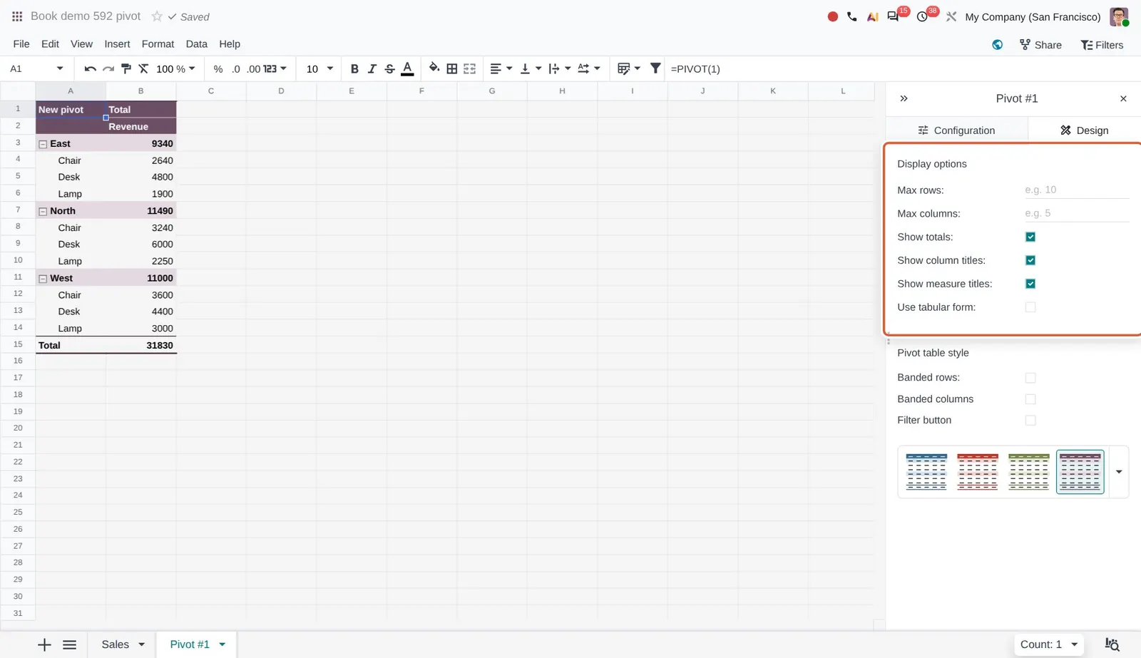 Odoo 20 Pivot tables: The new Display section of the Design tab: options for totals, titles and the tabular layout.