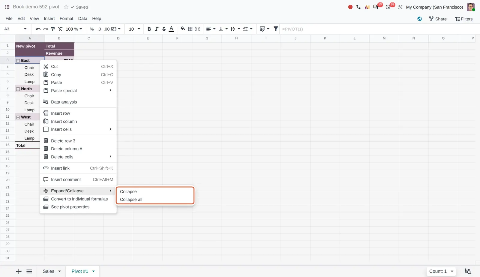 Odoo 20 Pivot tables: Right clicking a group row opens Expand/Collapse, with Collapse and Collapse all in the submenu.