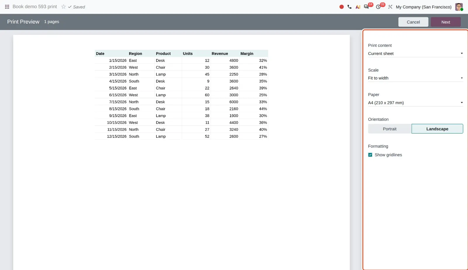 Odoo 20 Print settings: The print settings of the new Print Preview window, here switched to Landscape.
