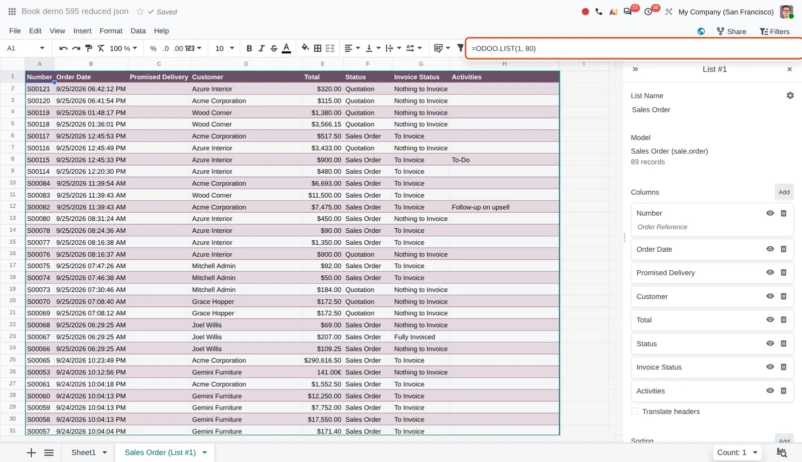 Odoo 20 Reduced JSON file size: Cell A1 of an inserted 80 row Odoo list holds a single formula, ODOO.LIST(1, 80), instead of one formula per cell.