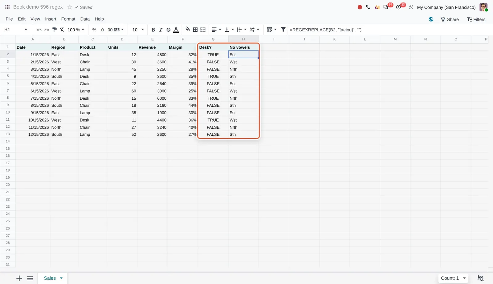 Odoo 20 Regex formulas: Column G uses REGEXTEST to flag products starting with D; column H uses REGEXREPLACE to remove vowels (formula visible in the bar).