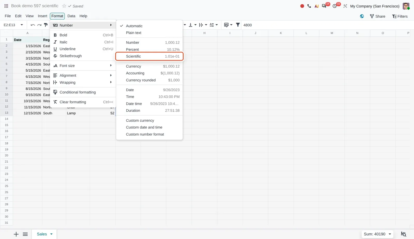 Odoo 20 Scientific notation: The Number format menu with the new Scientific entry.