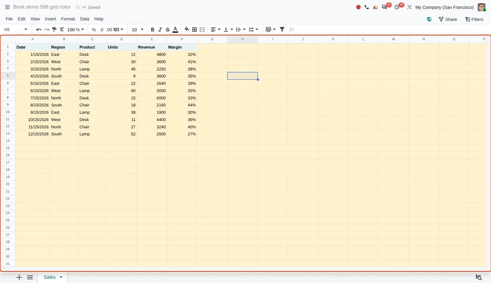 Odoo 20 Sheet background colors: The grid of the Sales sheet after picking a background color with Change grid color.