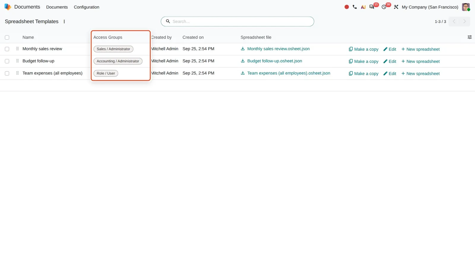 Odoo 20 Template access: The Spreadsheet Templates list with its Access Groups column: each template is limited to one or more groups such as Sales or Accounting.
