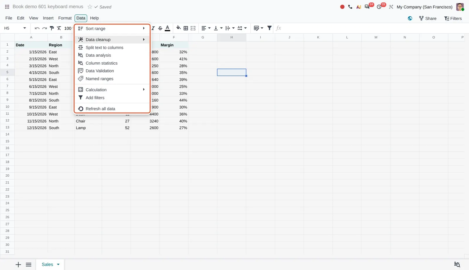 Odoo 20 Top menu navigation: The Data menu opened with Alt+Shift+D; the arrow keys moved the highlight to Data cleanup.