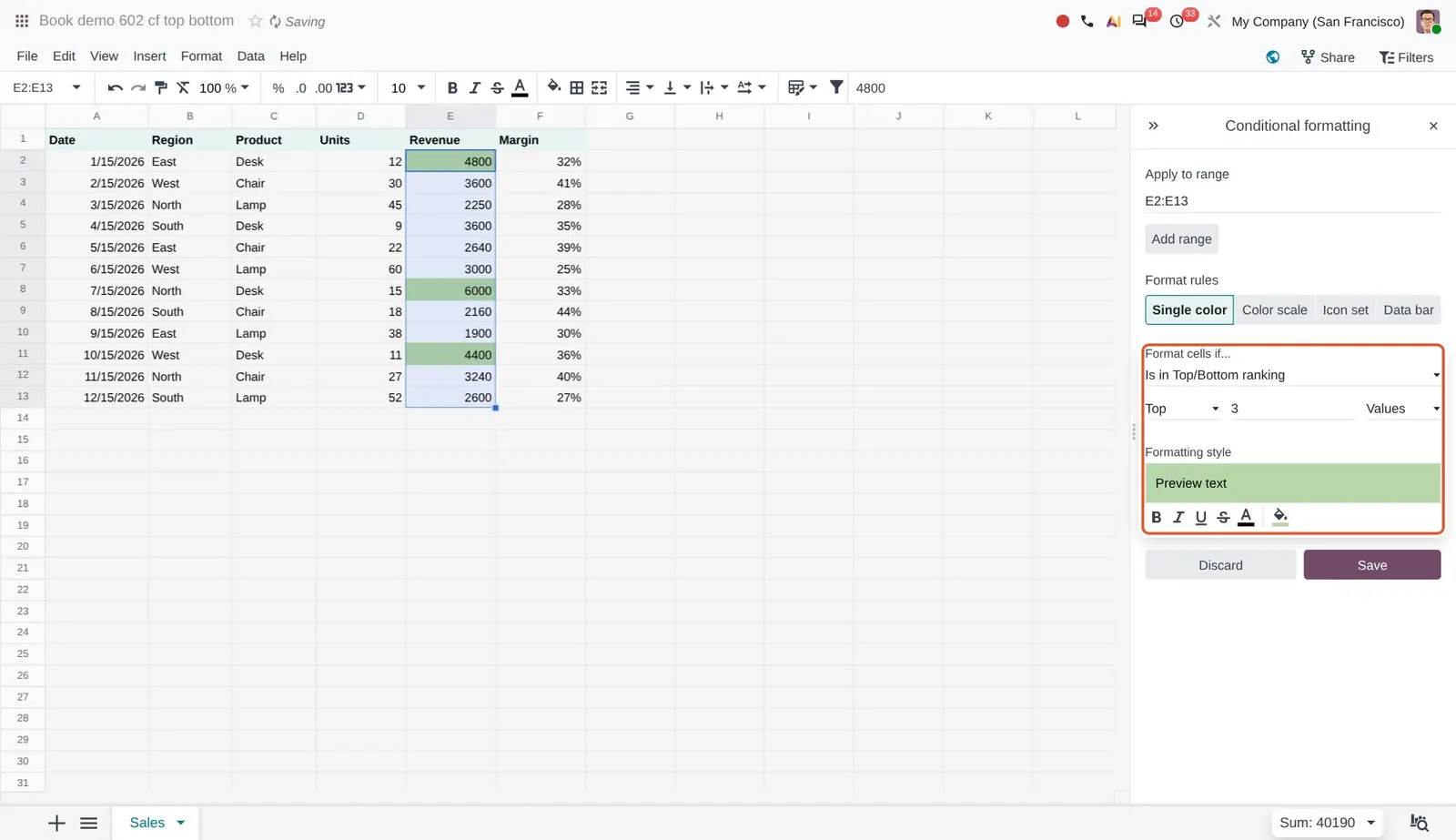 Odoo 20 Top/bottom ranking conditional formatting: A rule with the new Is in Top/Bottom ranking condition: the top 3 revenues are highlighted.