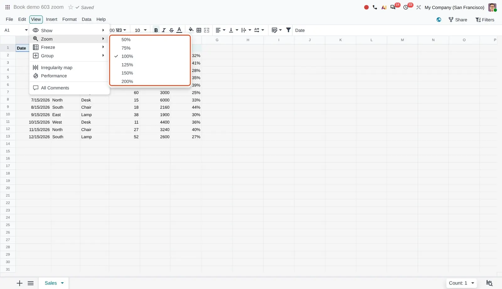 Odoo 20 Zoom in/out: The new Zoom submenu with levels from 50% to 200%.