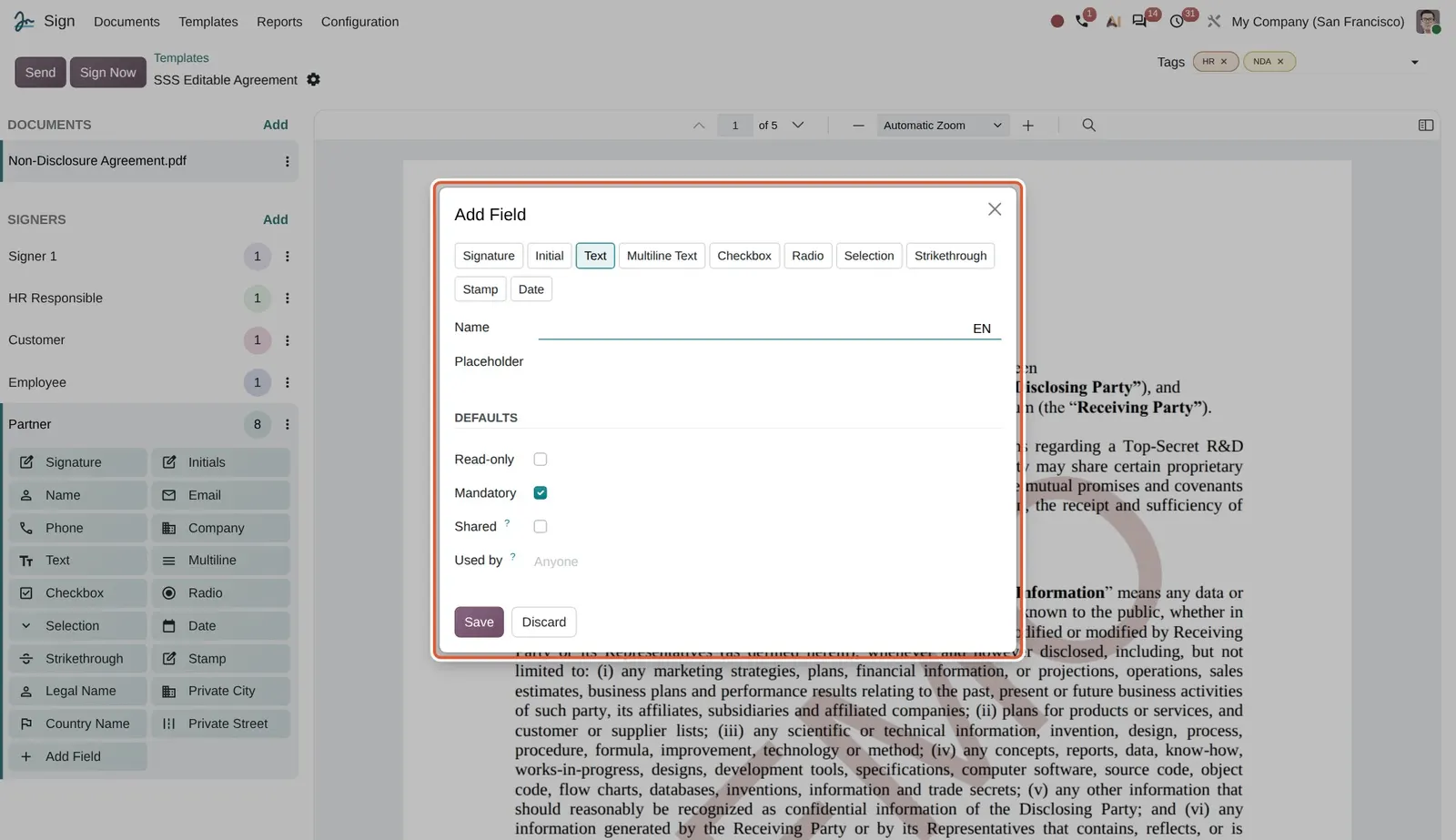 Odoo 20 Custom fields in templates: The Add Field dialog opened from the editor sidebar to create a custom field type.