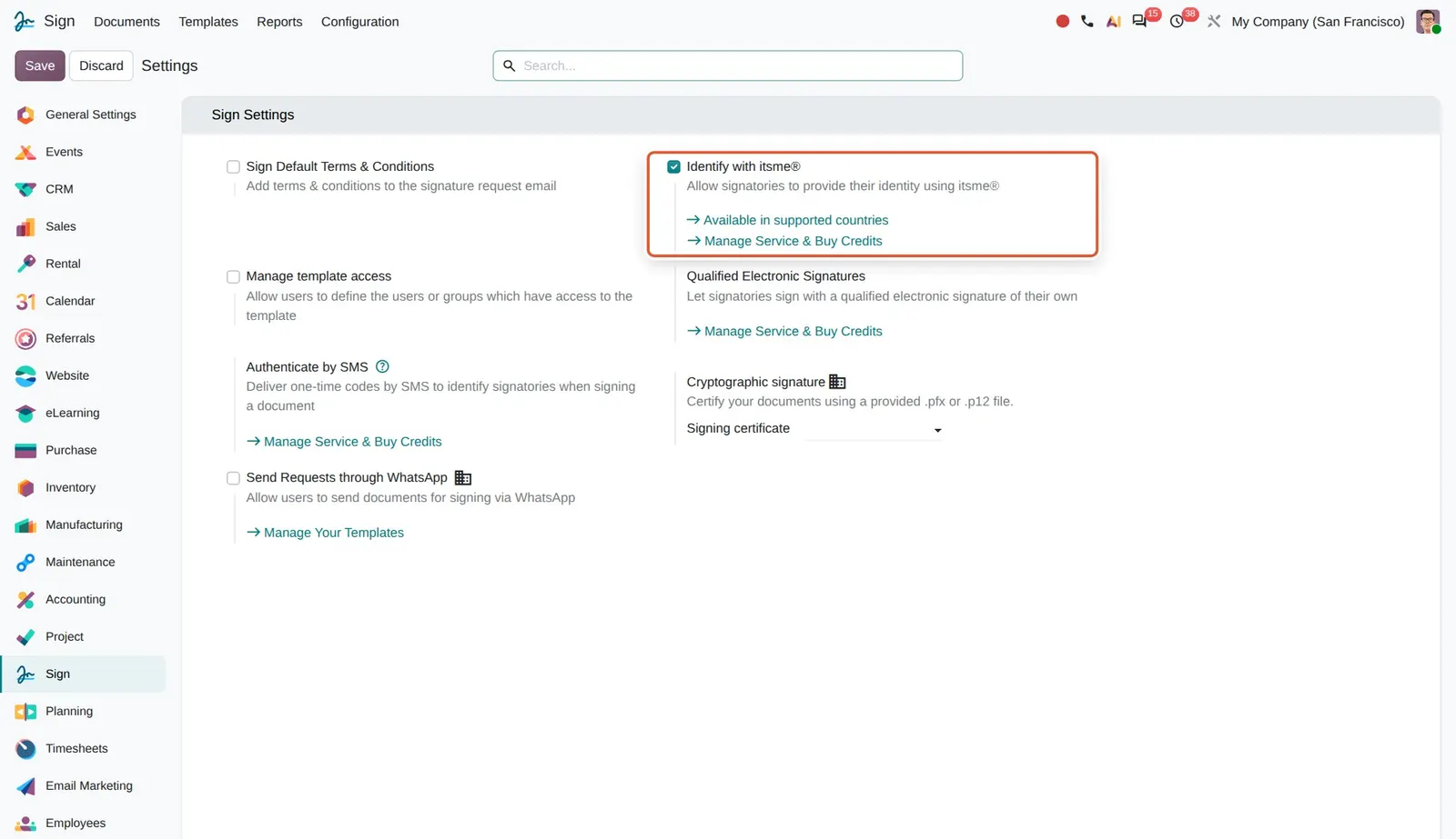 Odoo 20 Itsme: The itsme setting with its link to the supported countries.