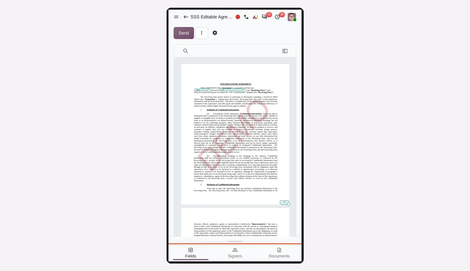 Odoo 20 Mobile and touchscreen support: The template editor in its phone layout, with its own Fields, Signers and Documents tab bar at the bottom.