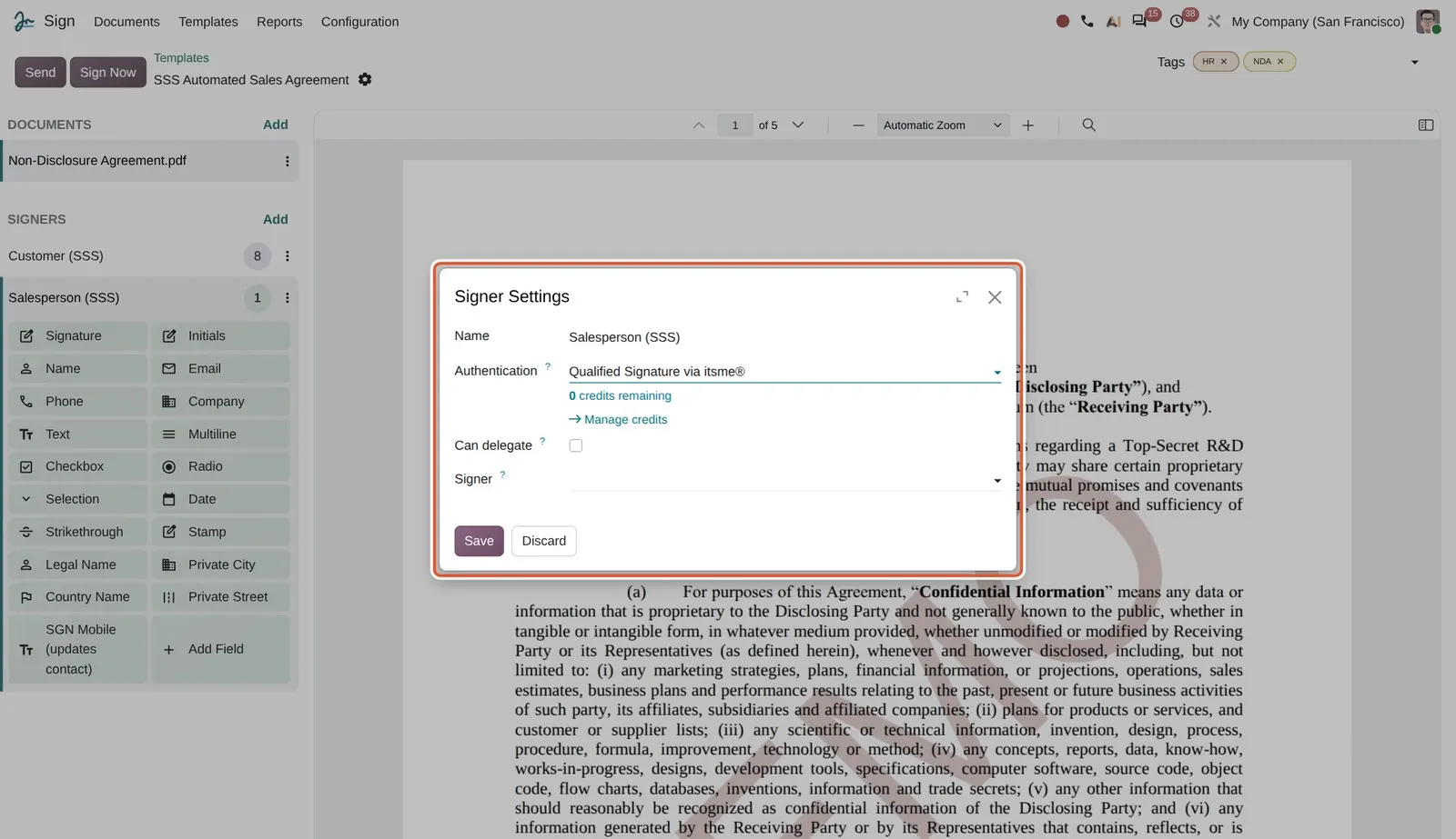 Odoo 20 Qualified electronic signatures: The Salesperson role's Signer Settings, with Authentication set to Qualified Signature via itsme®.