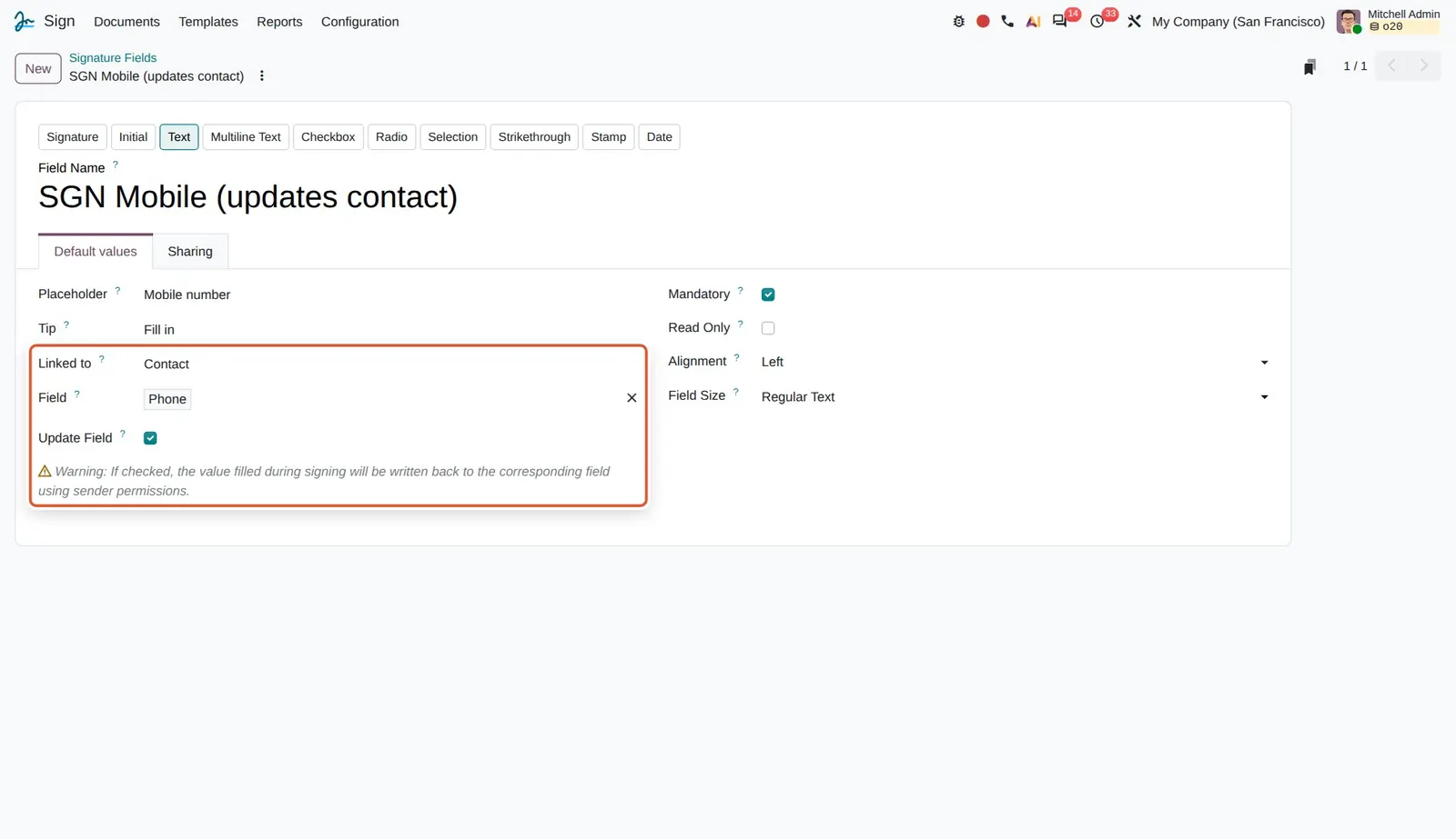 Odoo 20 Record updates: The field is linked to the contact's phone and "Update Field" writes the signer's value back.