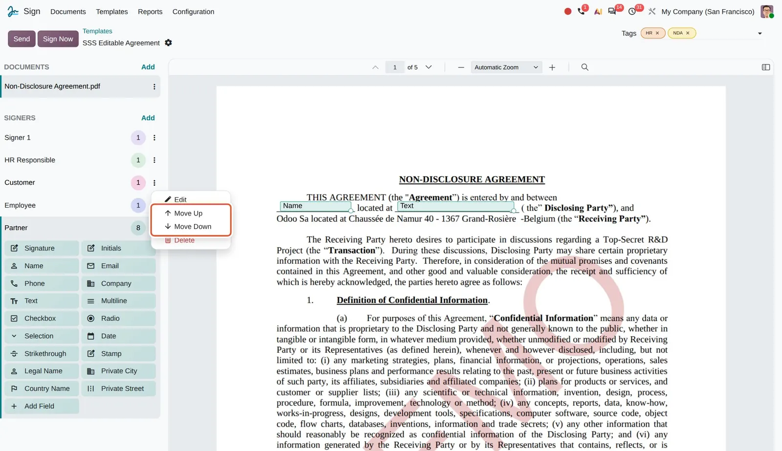 Odoo 20 Reorder signers: Move Up and Move Down in a signer's menu.