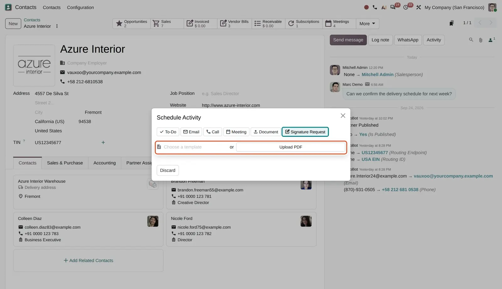 Odoo 20 Send signature requests from activities: With the Signature Request type, the dialog asks for a Sign template or a PDF upload.